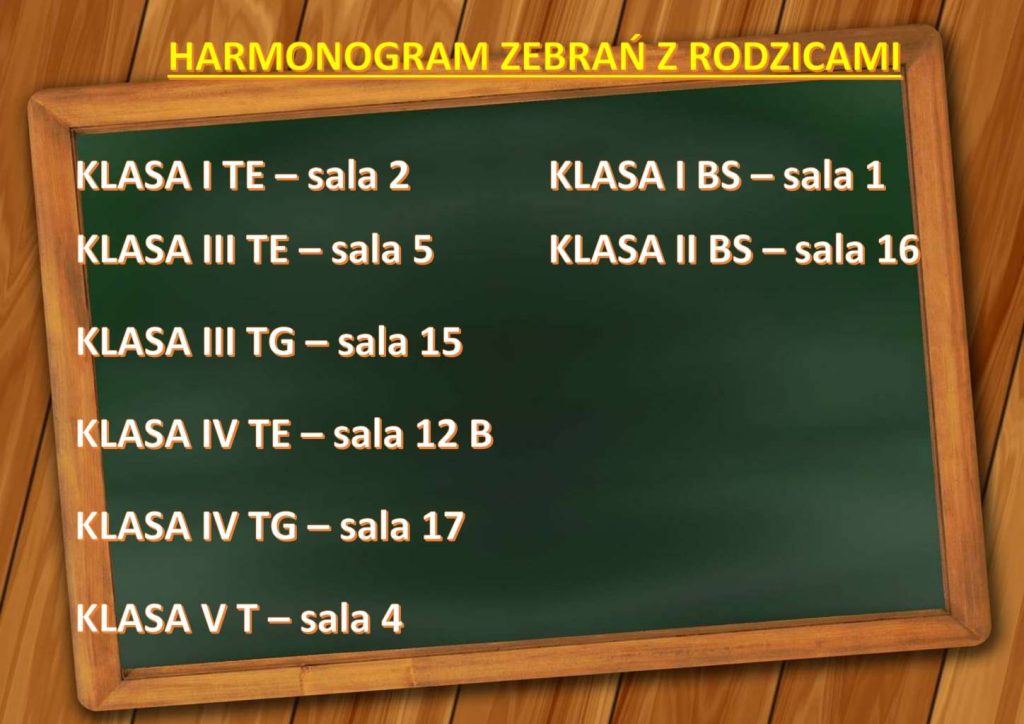 Na tablicy kredowej wyświetlany jest harmonogram zebrań rodziców w różnych klasach w języku polskim, z klasami i numerami sal wymienionymi w dwóch kolumnach pod nagłówkiem HARMONOGRAM ZEBRAŃ Z RODZICAMI.